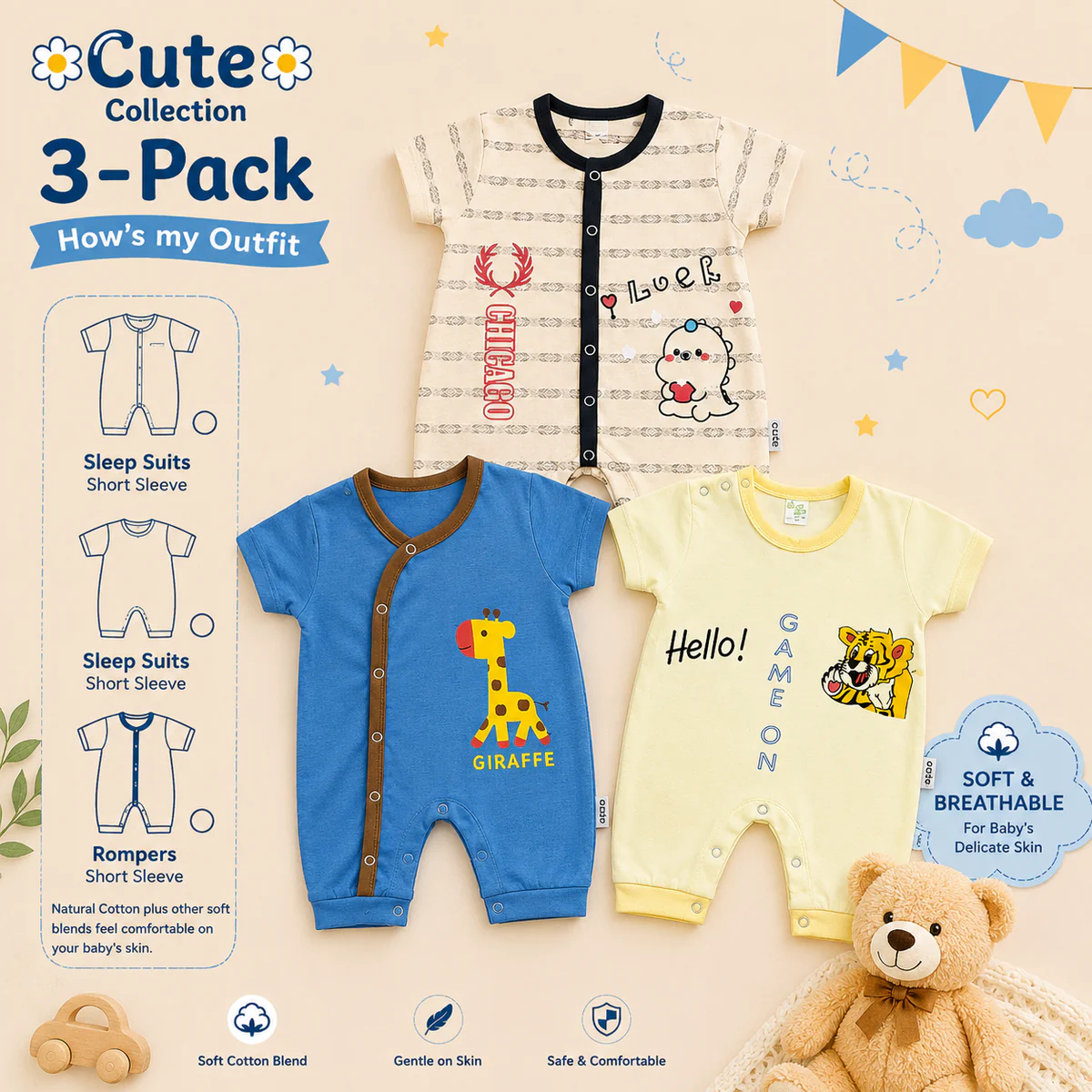 Newborn Printed Rompers Pack of 3 – Multicolor