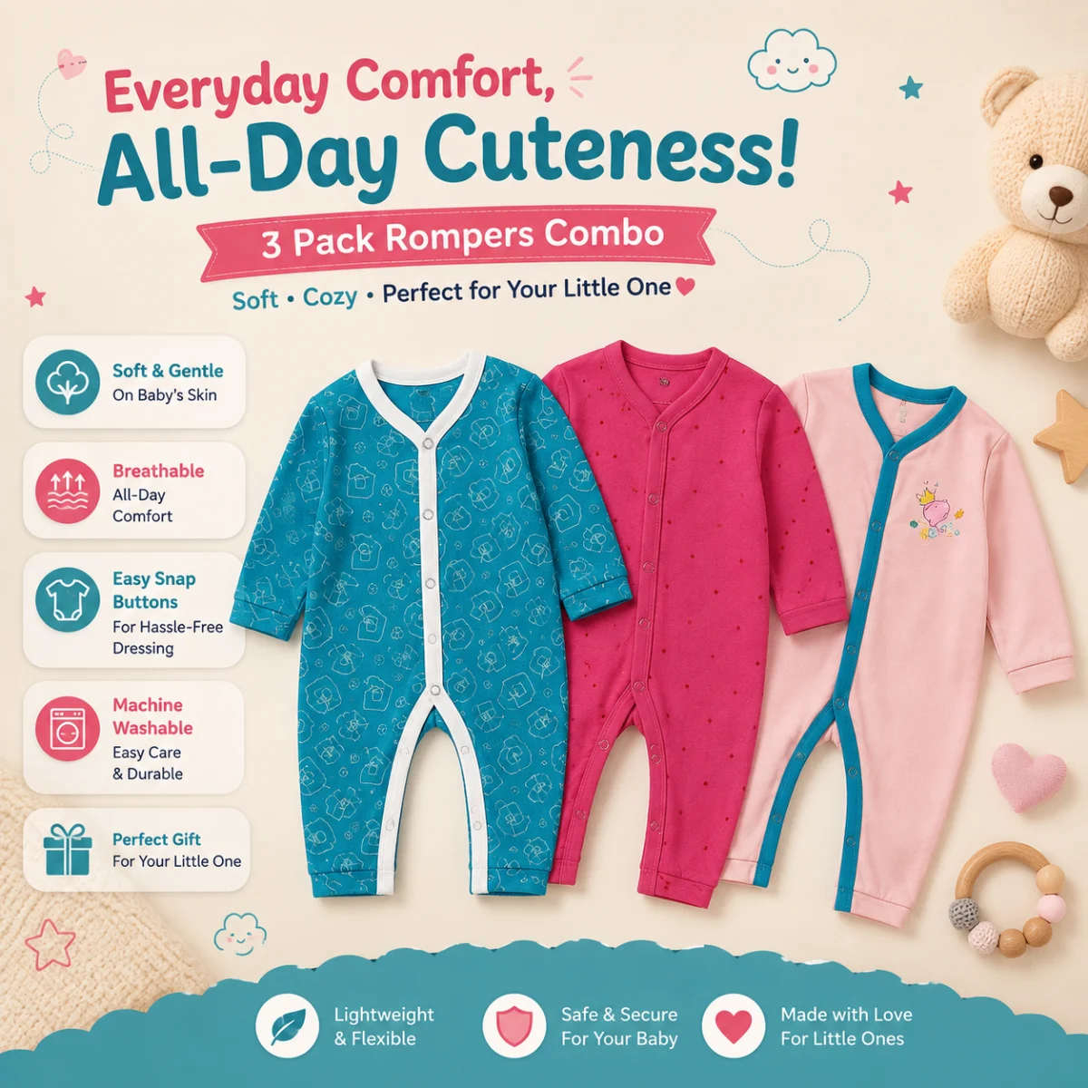Newborn Rompers Pack of 3 – Multicolor