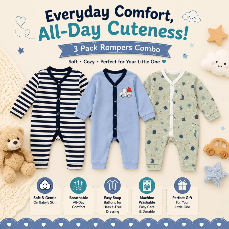 Newborn Rompers Pack of 3 – Multicolor