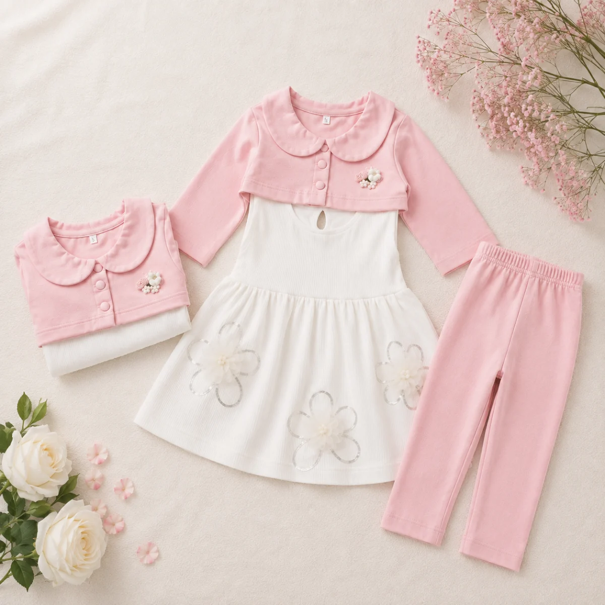 Elegant Baby Girl Floral Dress Set With Shrug & Pants – 3 Piece Outfit