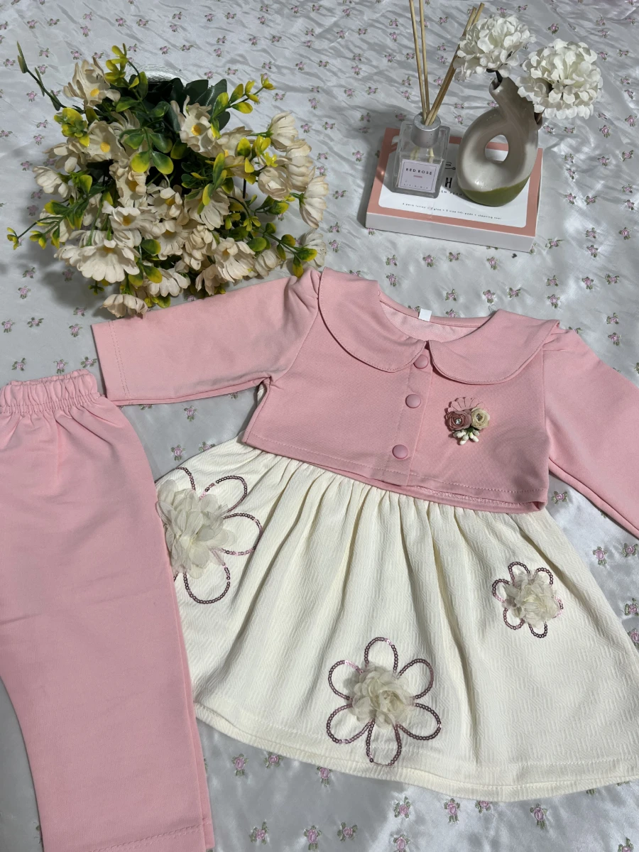 Elegant Baby Girl Floral Dress Set With Shrug & Pants – 3 Piece Outfit