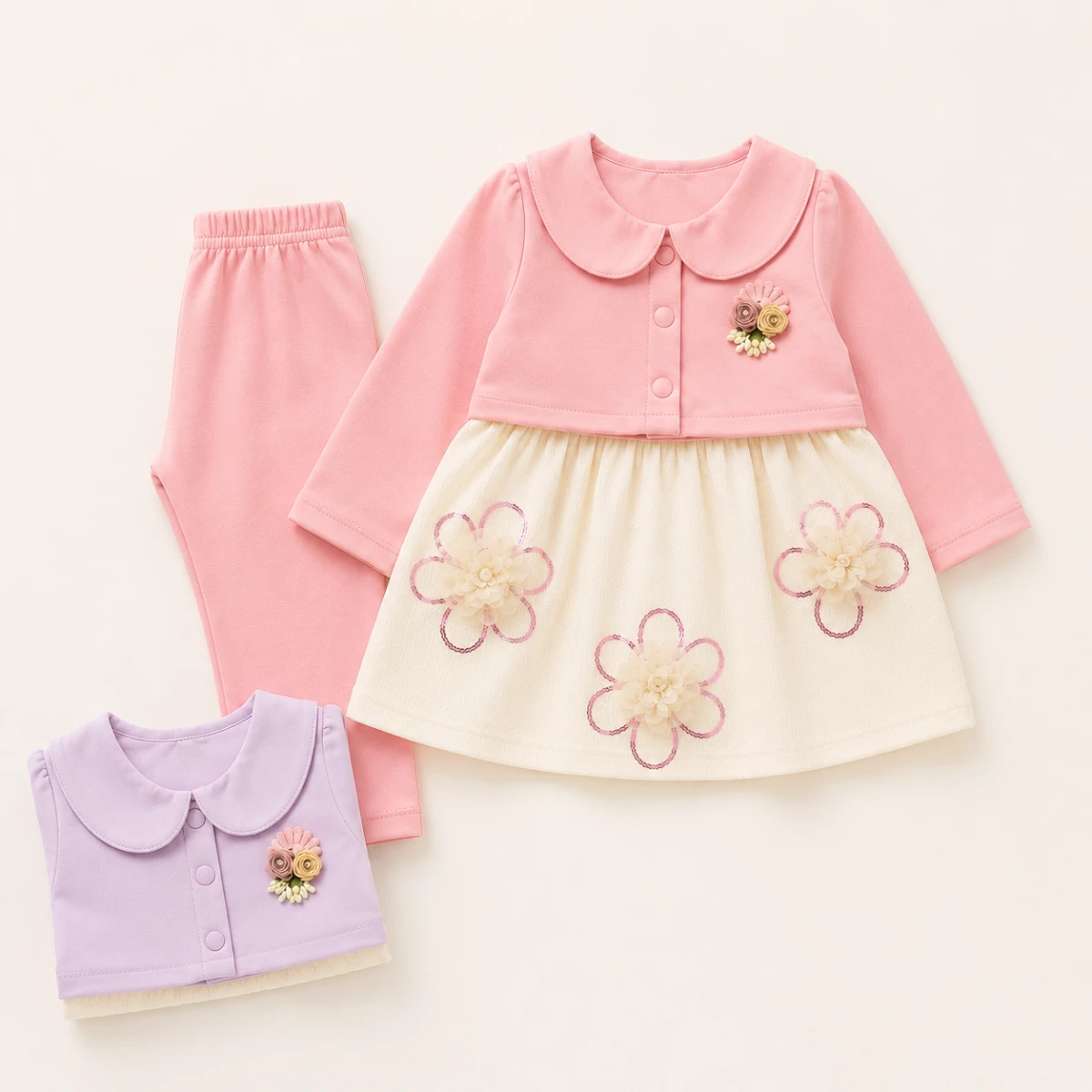 Elegant Baby Girl Floral Dress Set With Shrug & Pants – 3 Piece Outfit — photo 2