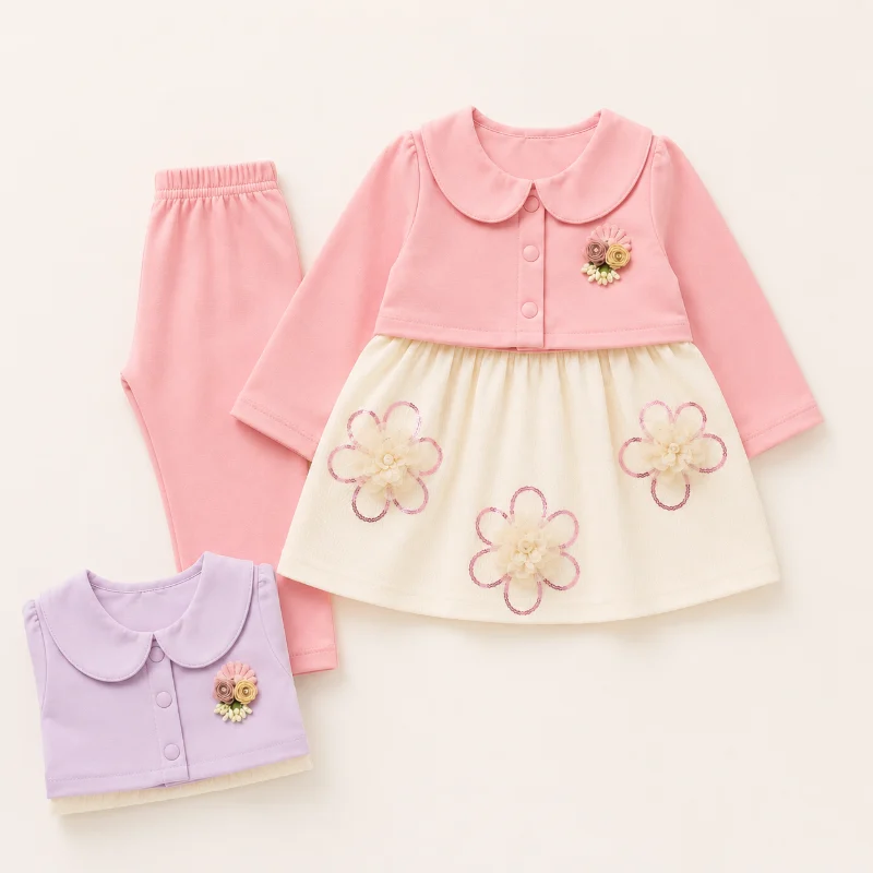 Elegant Baby Girl Floral Dress Set With Shrug & Pants – 3 Piece Outfit