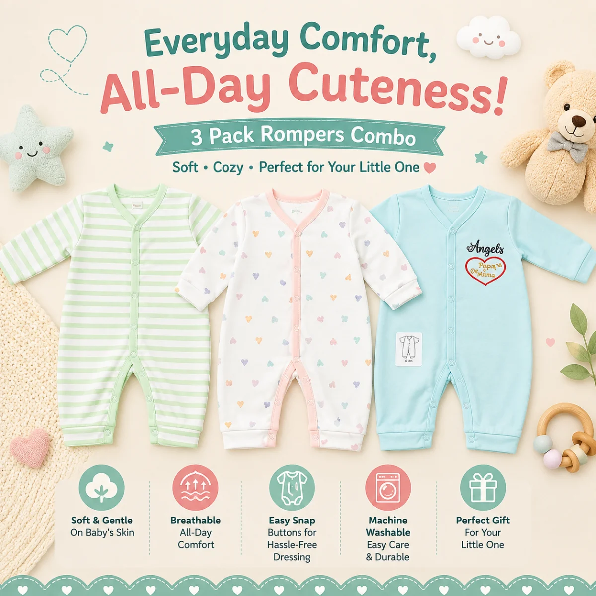 Newborn Rompers Pack of 3 – Multicolor