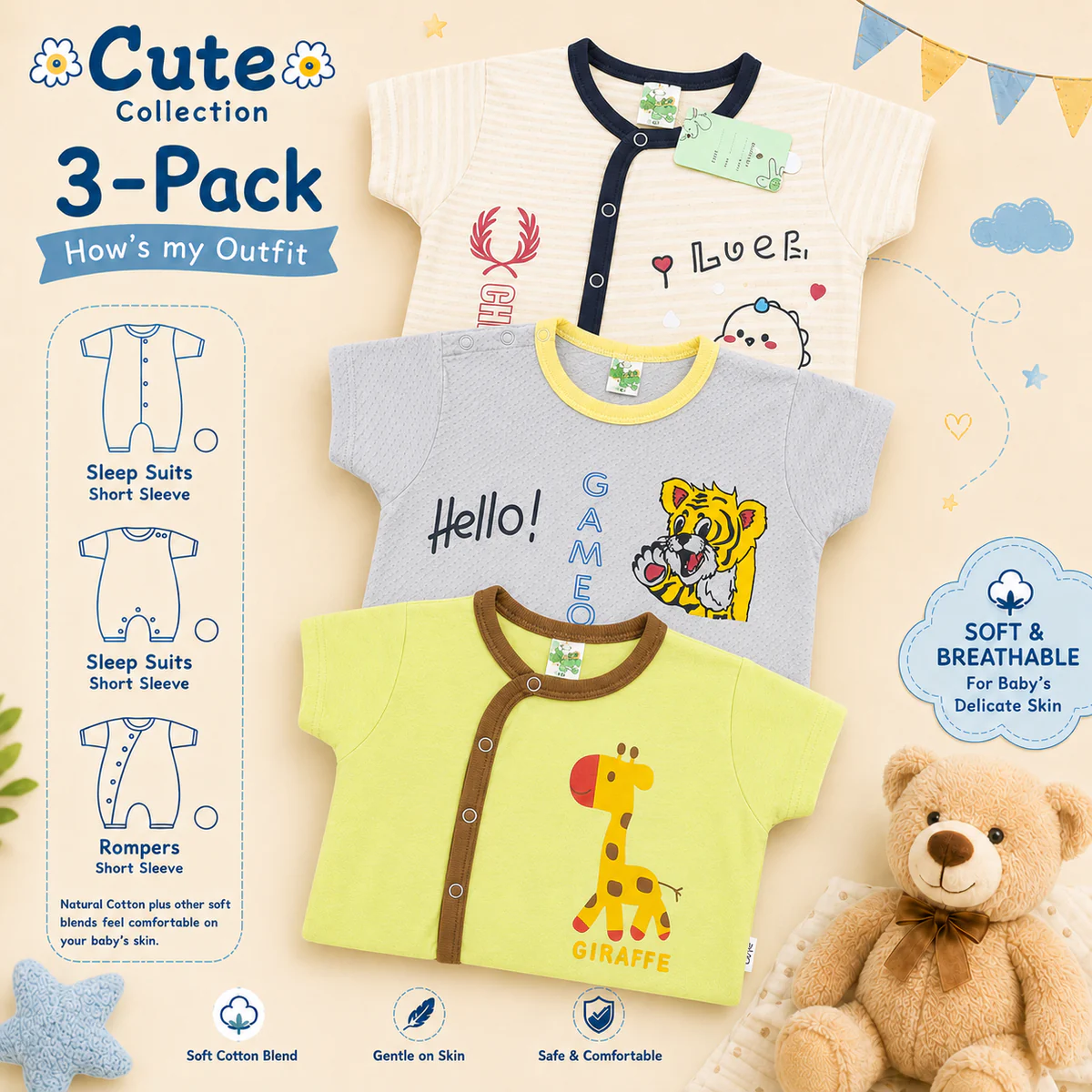 Newborn Printed Rompers Pack of 3 – Multicolor