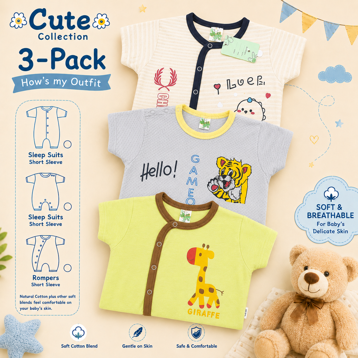 Newborn Printed Rompers Pack of 3 – Multicolor