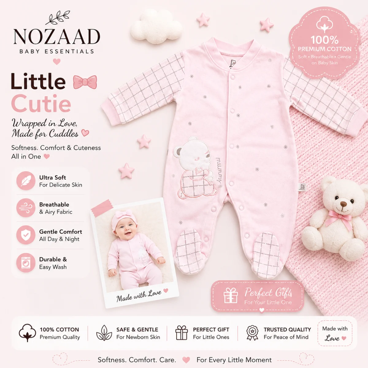 Cute Teddy Bear Pink Baby Romper – Full Sleeve Sleepsuit