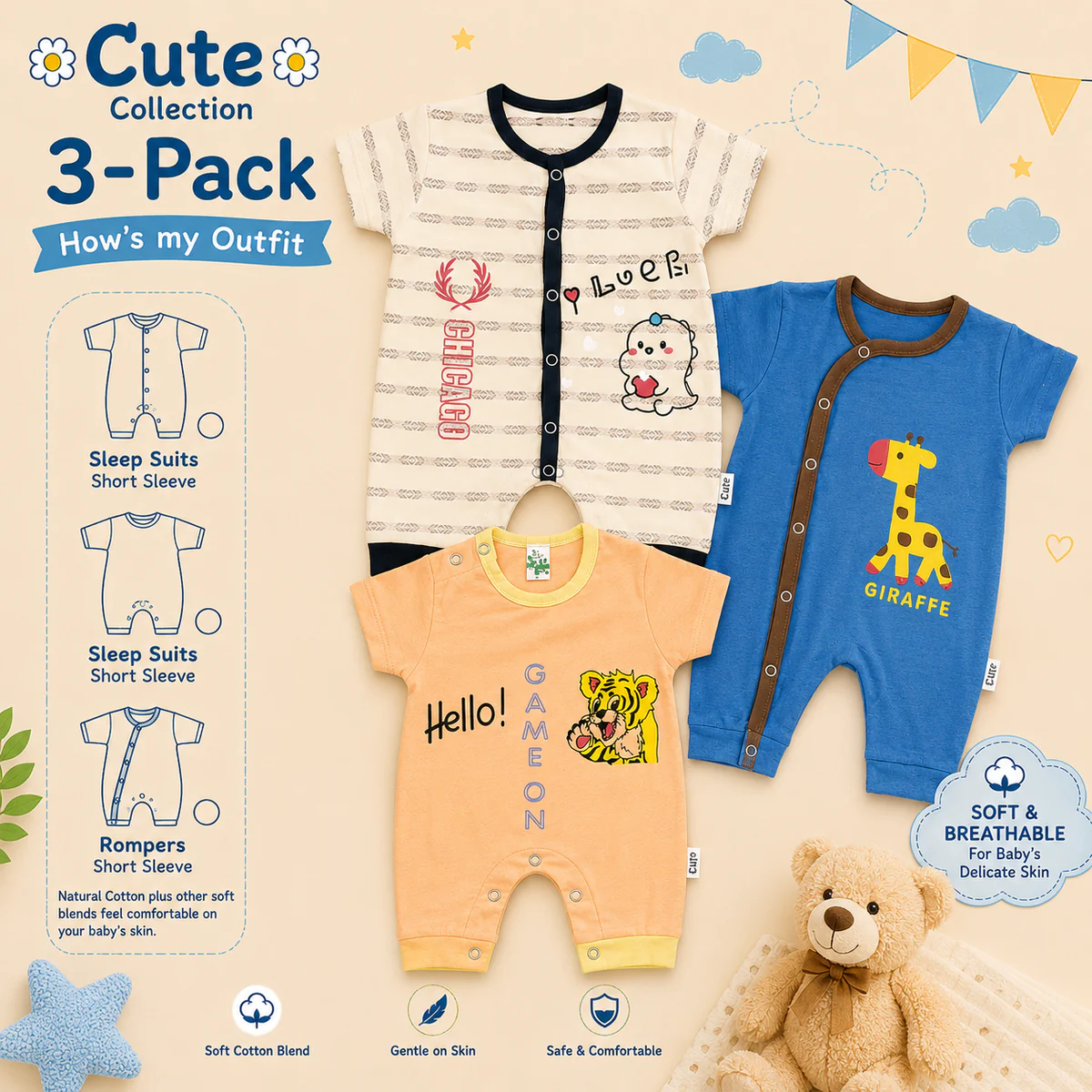 Newborn Printed Rompers Pack of 3 – Multicolor