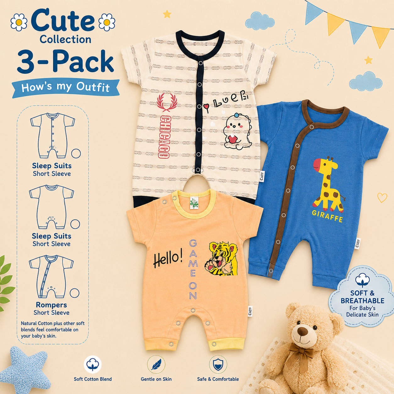 Newborn Printed Rompers Pack of 3 – Multicolor