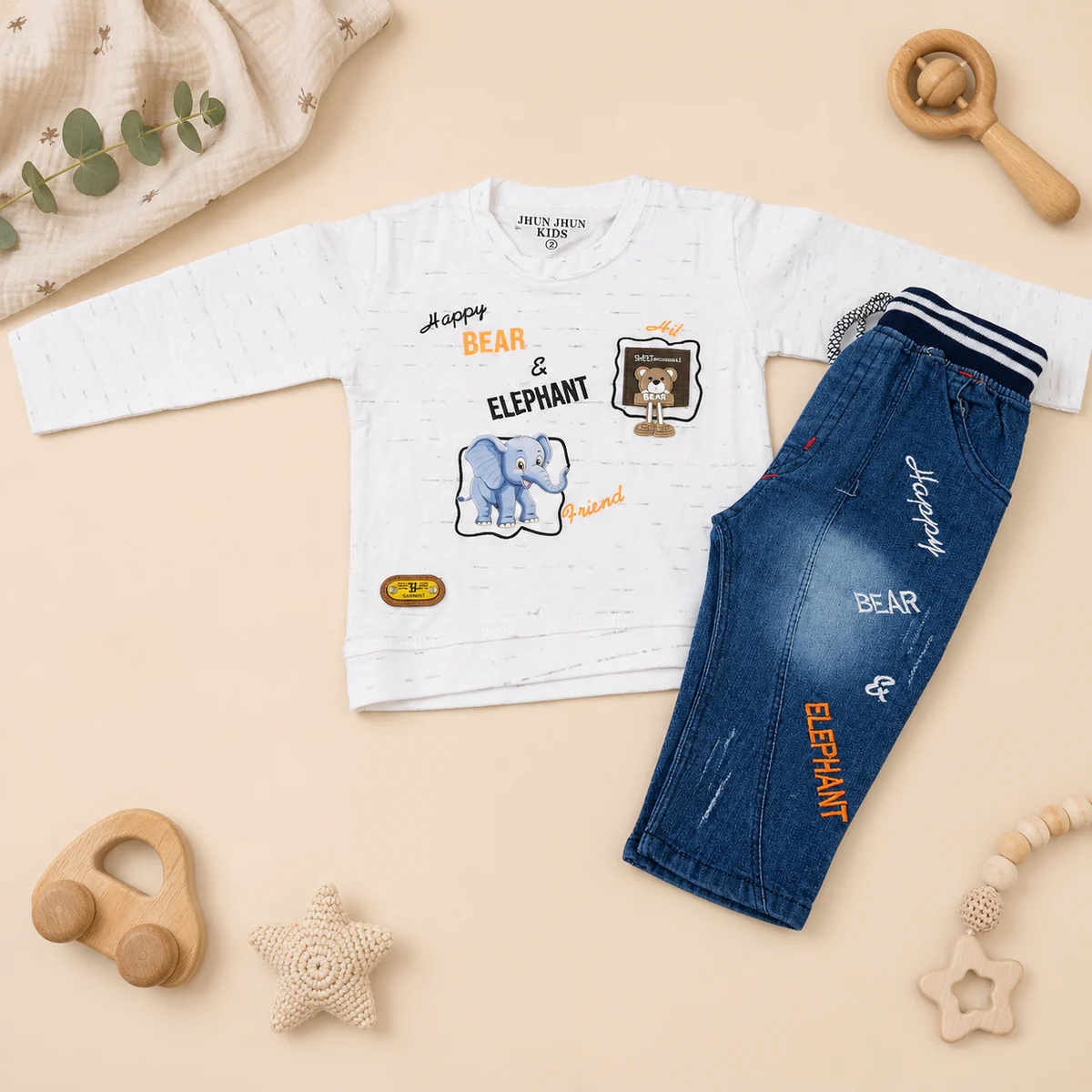 Baby Happy Bear & Elephant Two-Piece Set – White & Denim Blue