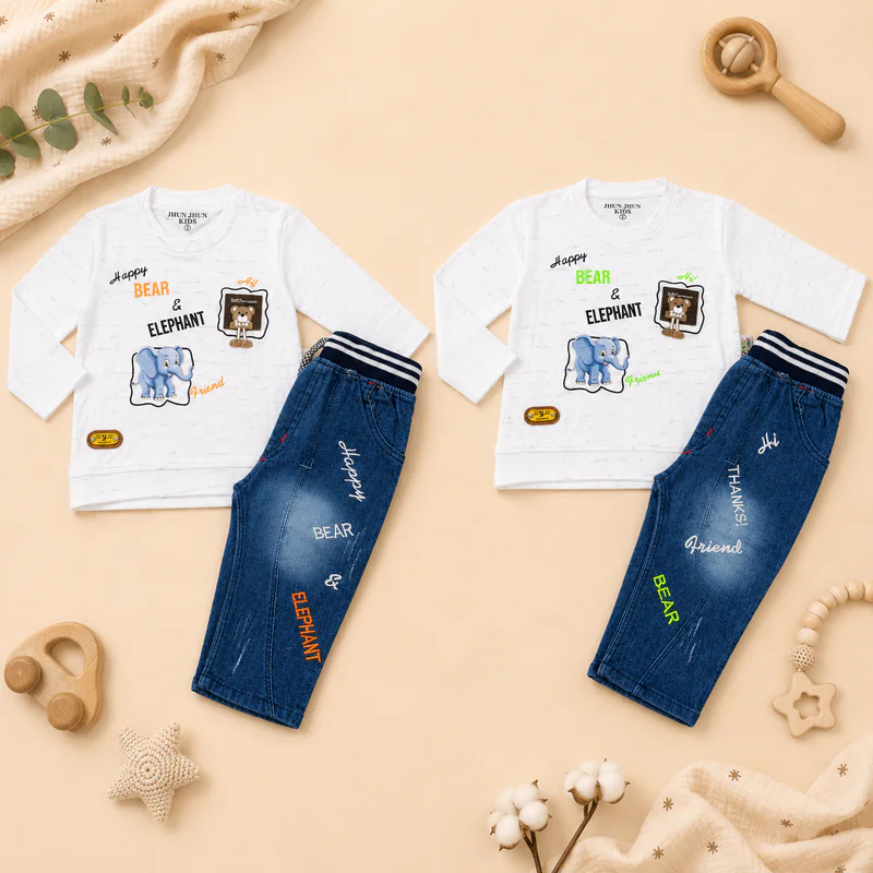 Baby Happy Bear & Elephant Two-Piece Set – White & Denim Blue