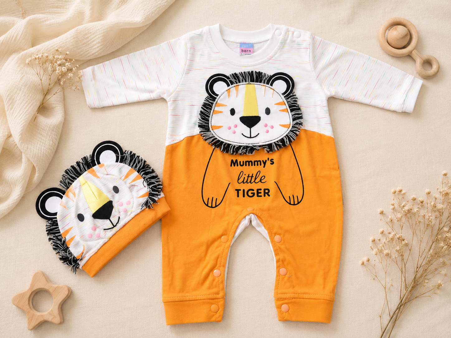 Baby Little Tiger Romper with Cap – Mustard & White