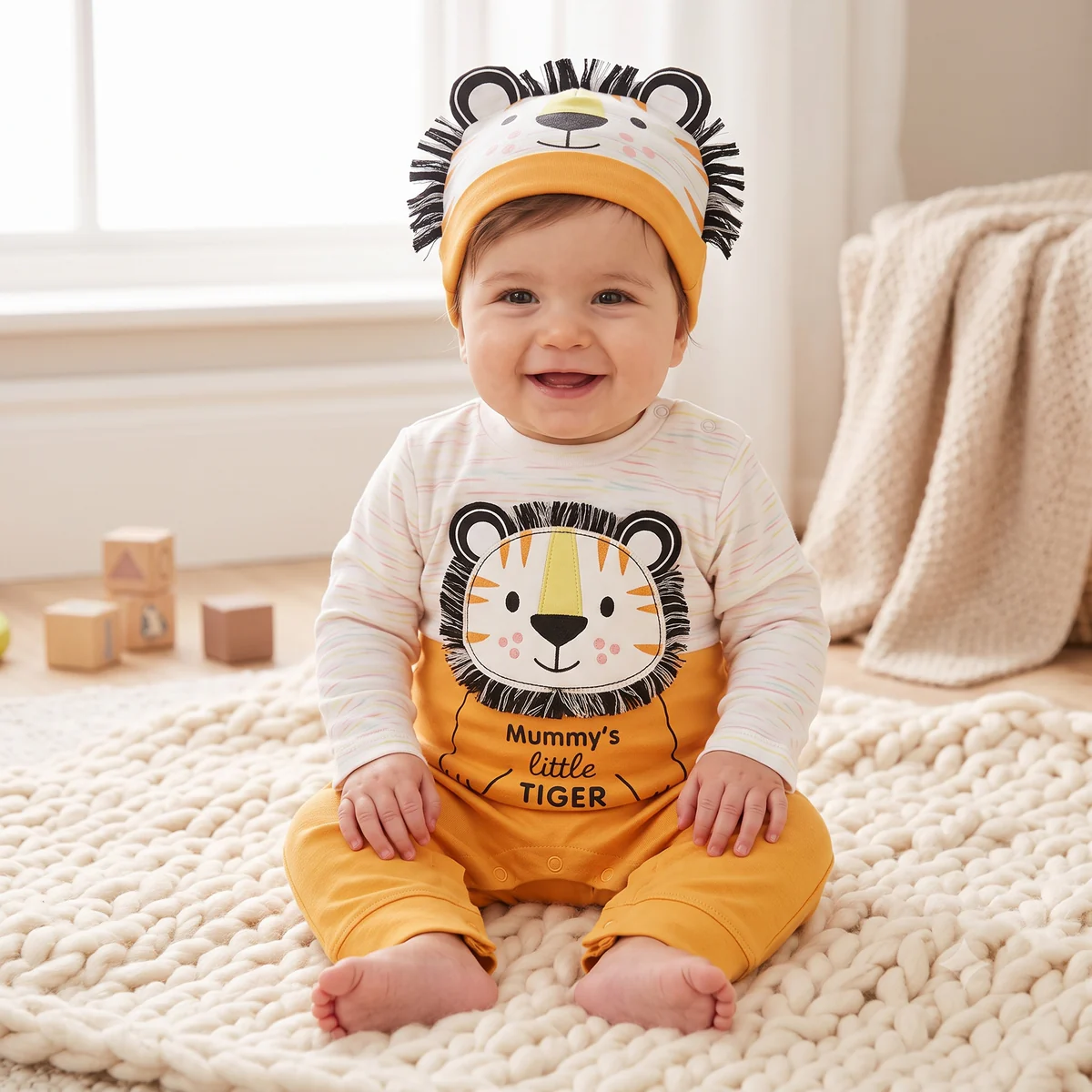 Baby Little Tiger Romper with Cap – Mustard & White
