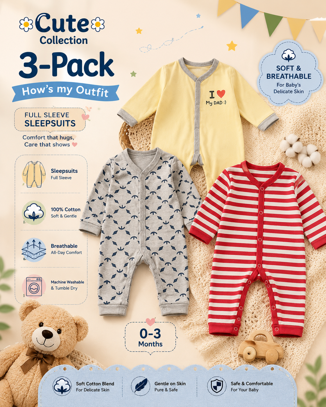 Newborn Rompers Pack of 3 – Multicolor