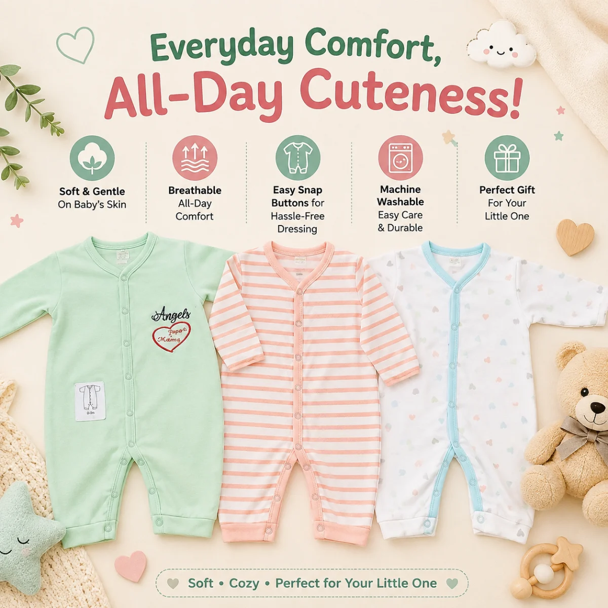 Newborn Rompers Pack of 3 – Multicolor