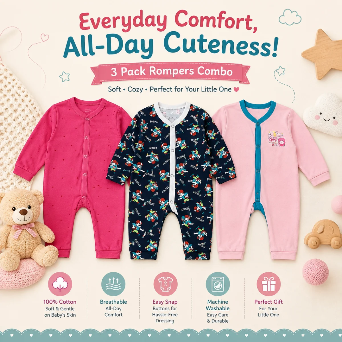 Newborn Rompers Pack of 3 – Multicolor
