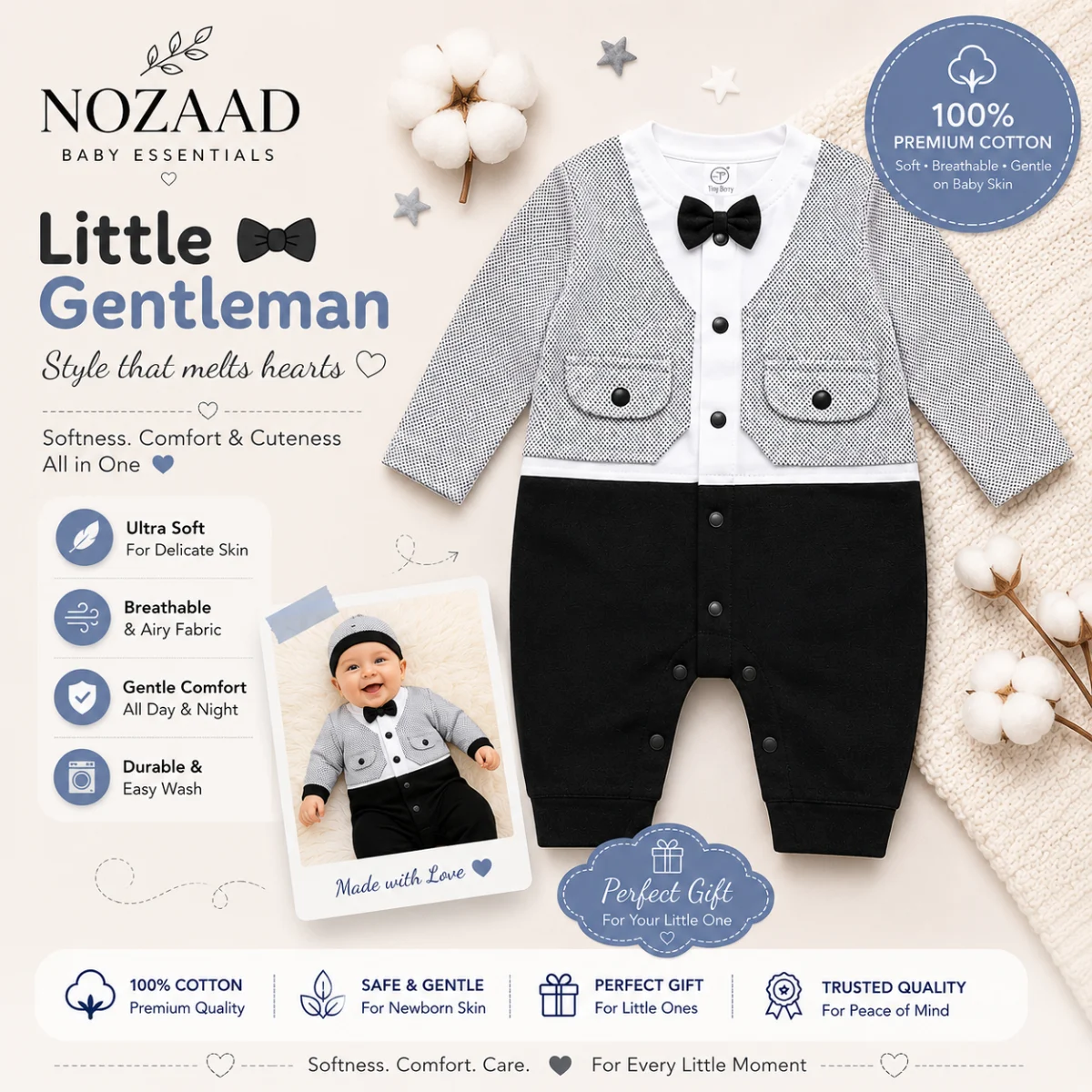 Little Gentleman Tuxedo Baby Romper – Black & White