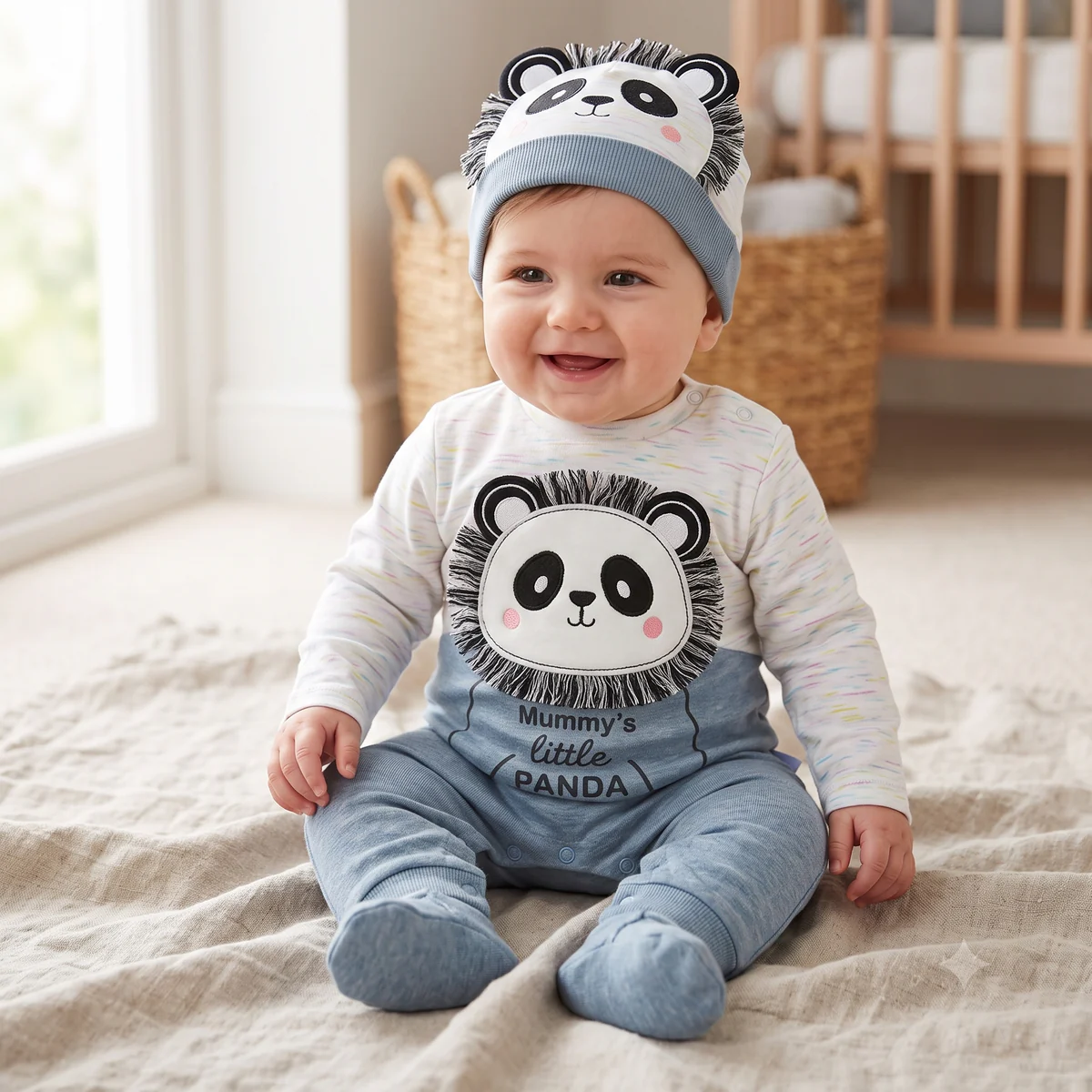 Baby Panda Romper with Cap – Blue & White