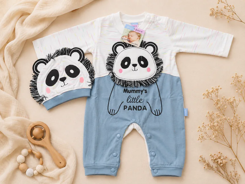 Baby Panda Romper with Cap – Blue & White