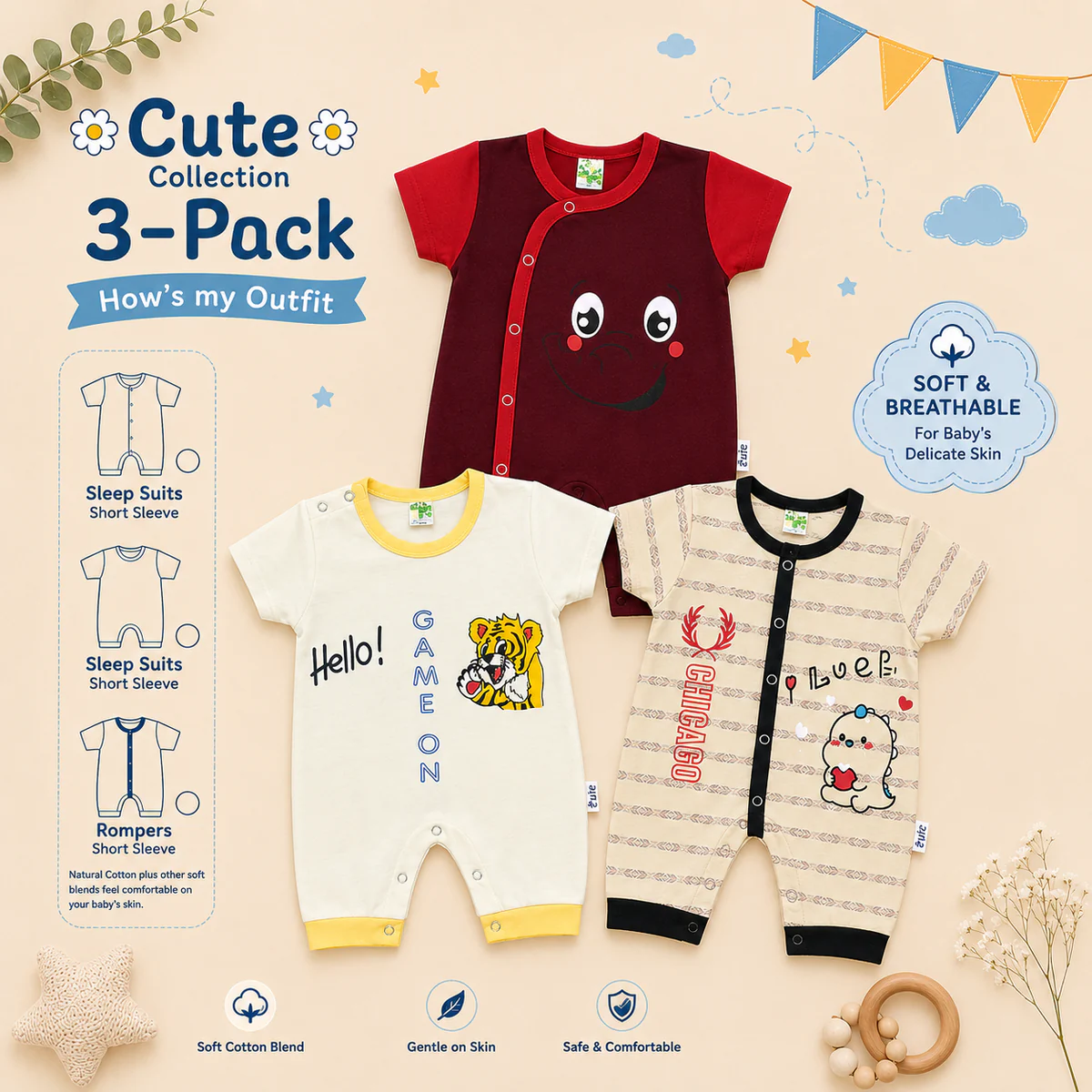 Newborn Printed Rompers Pack of 3 – Multicolor