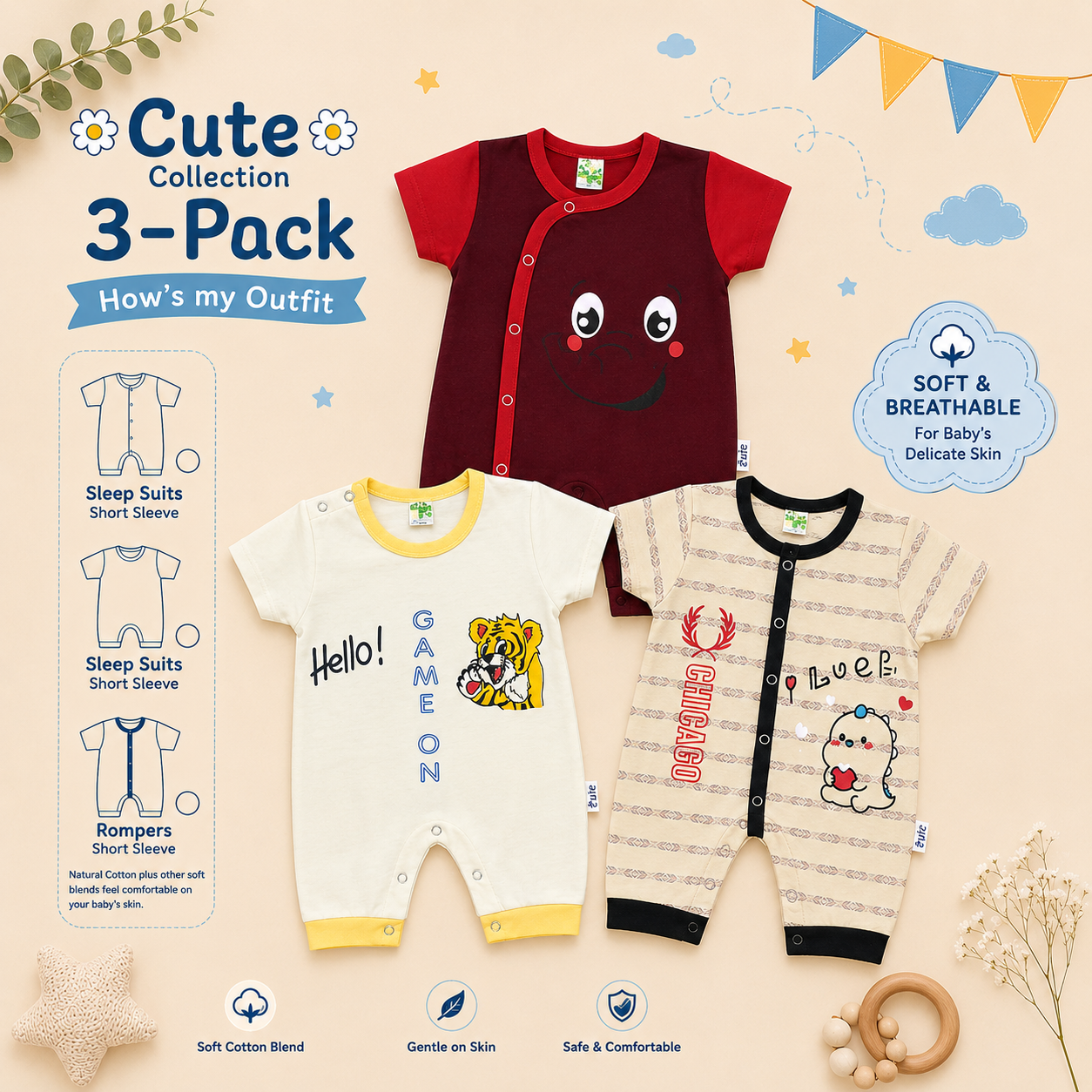 Newborn Printed Rompers Pack of 3 – Multicolor