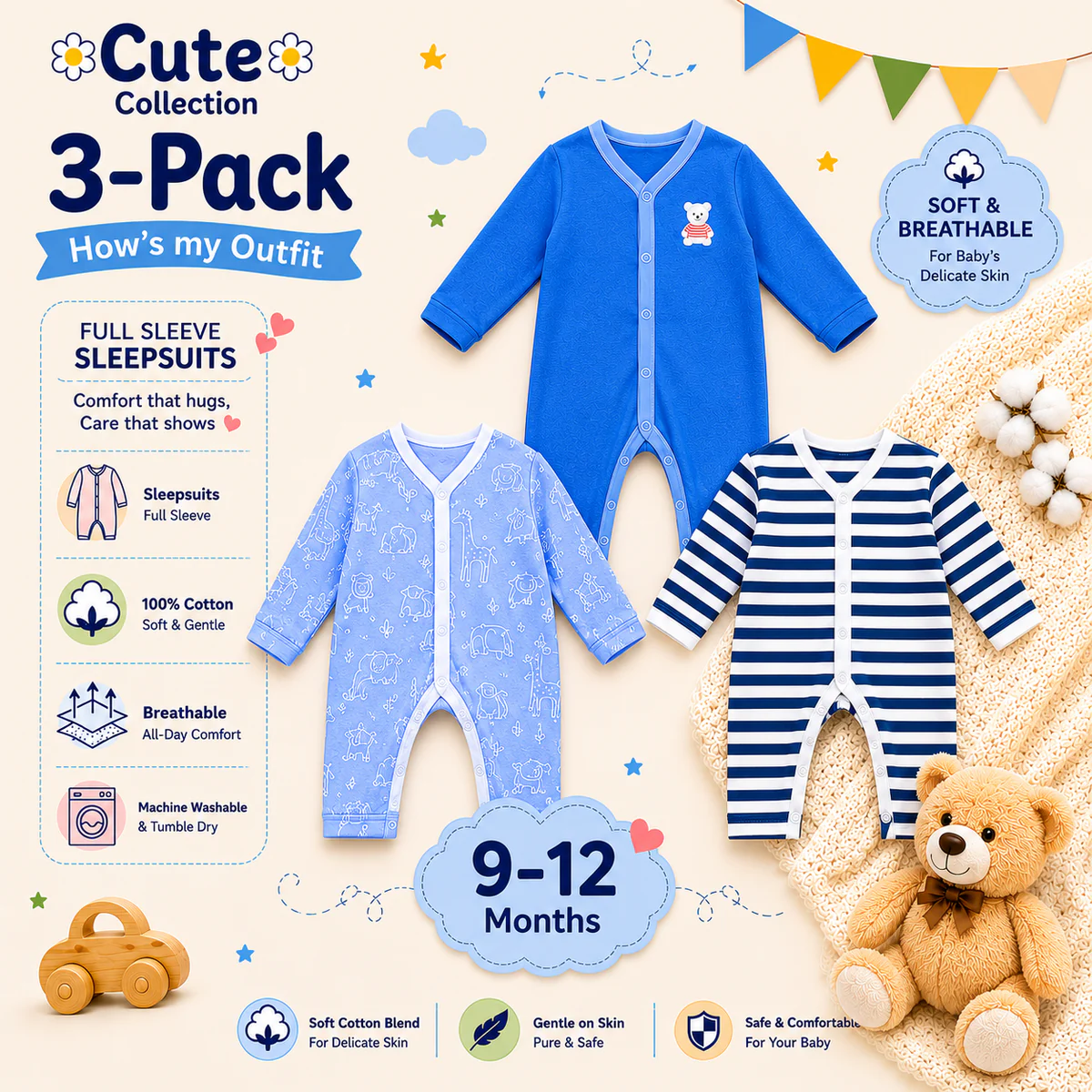 Newborn Rompers Pack of 3 – Multicolor — photo 3