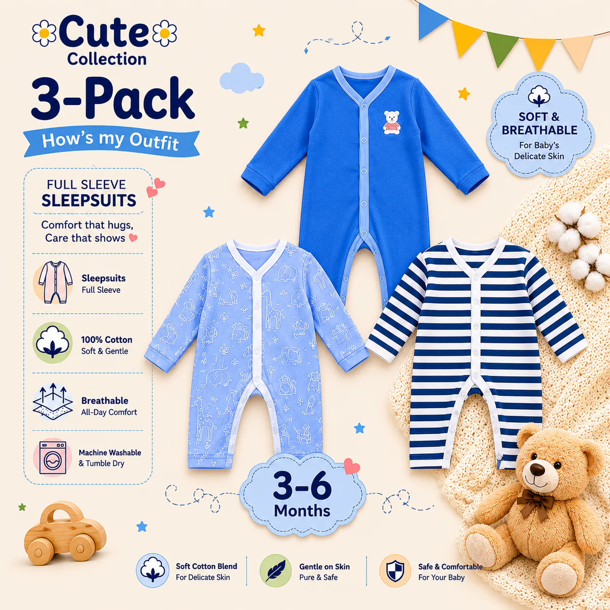 Newborn Rompers Pack of 3 – Multicolor — photo 2