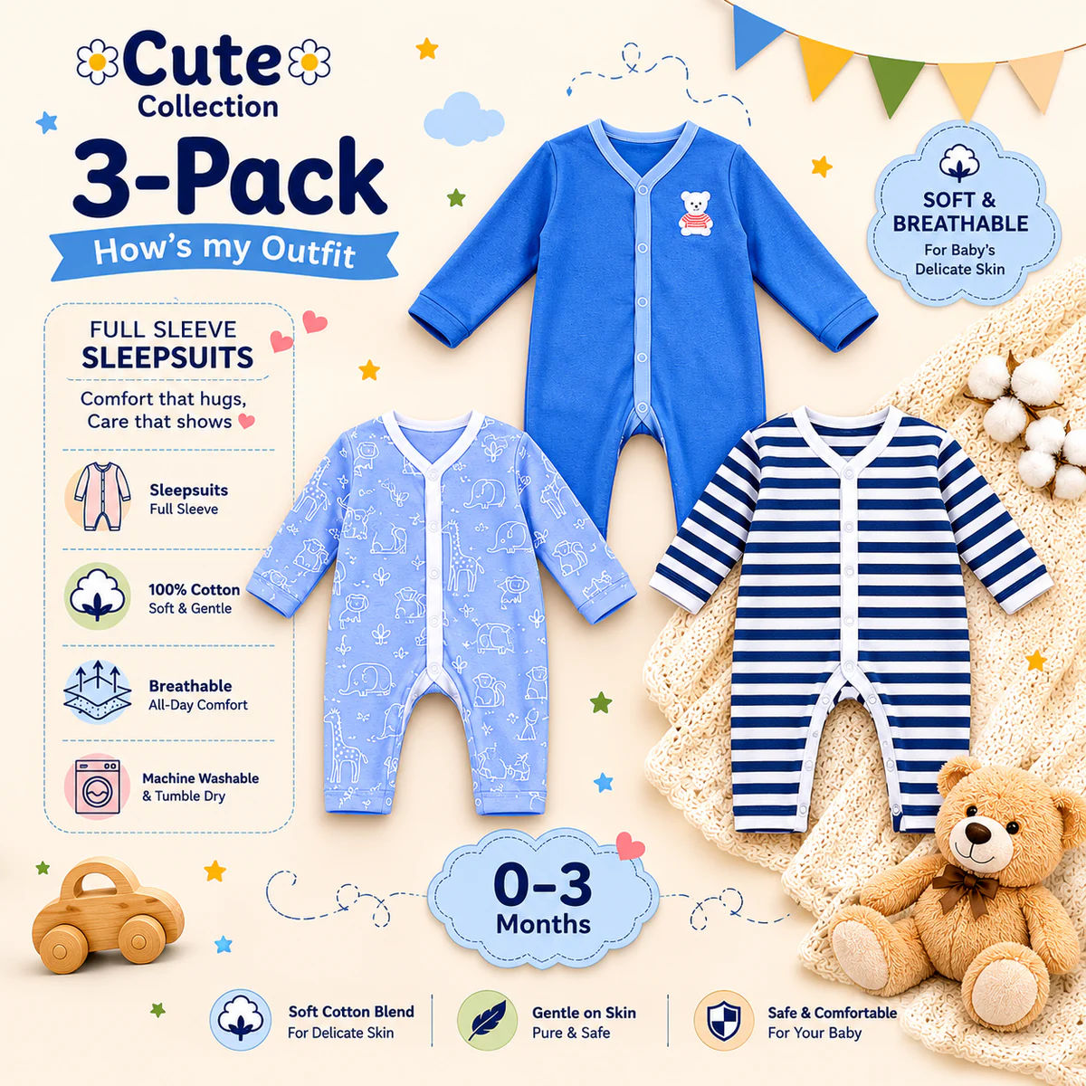 Newborn Rompers Pack of 3 – Multicolor
