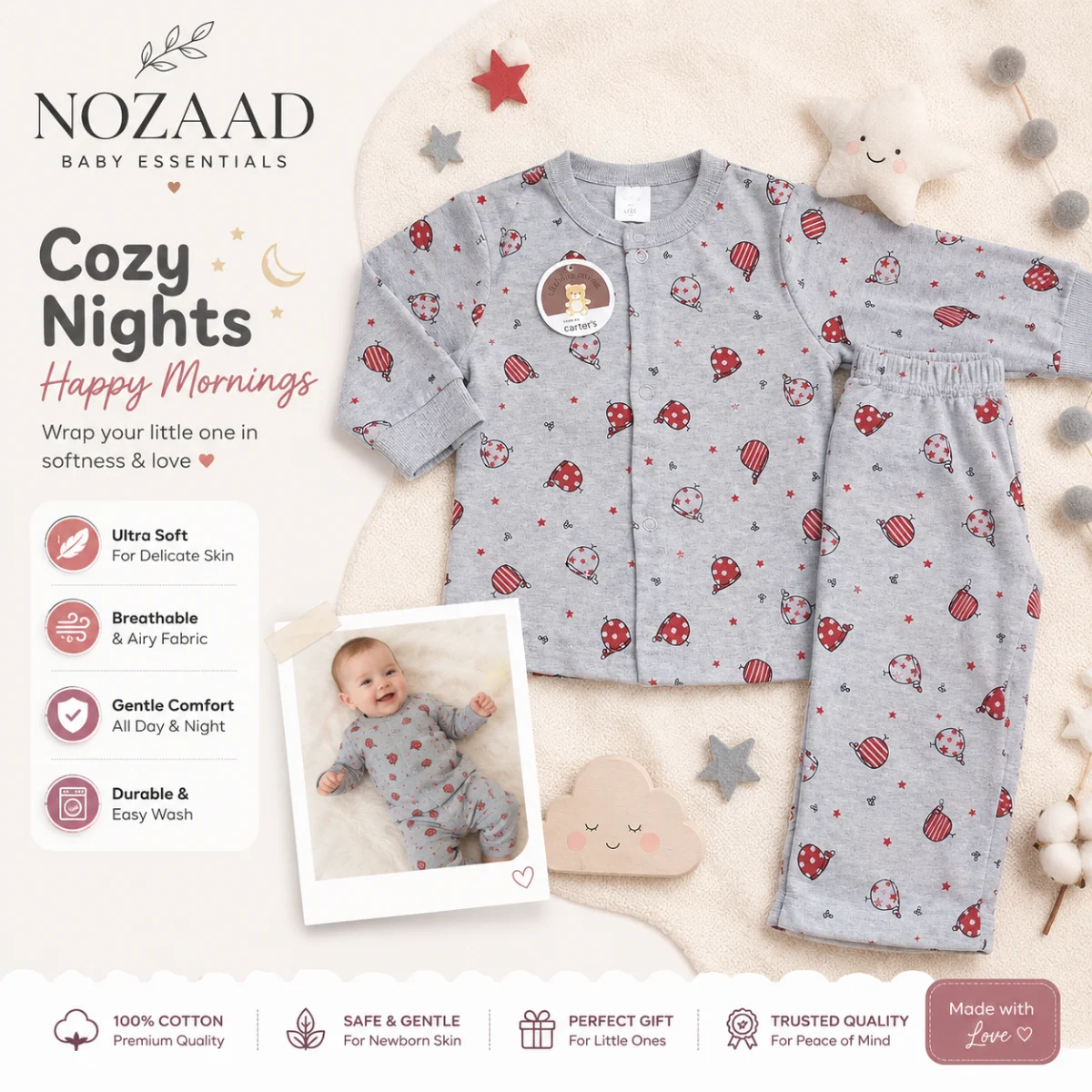 Baby Balloon Printed Newborn Two-Piece Set – Grey & Red