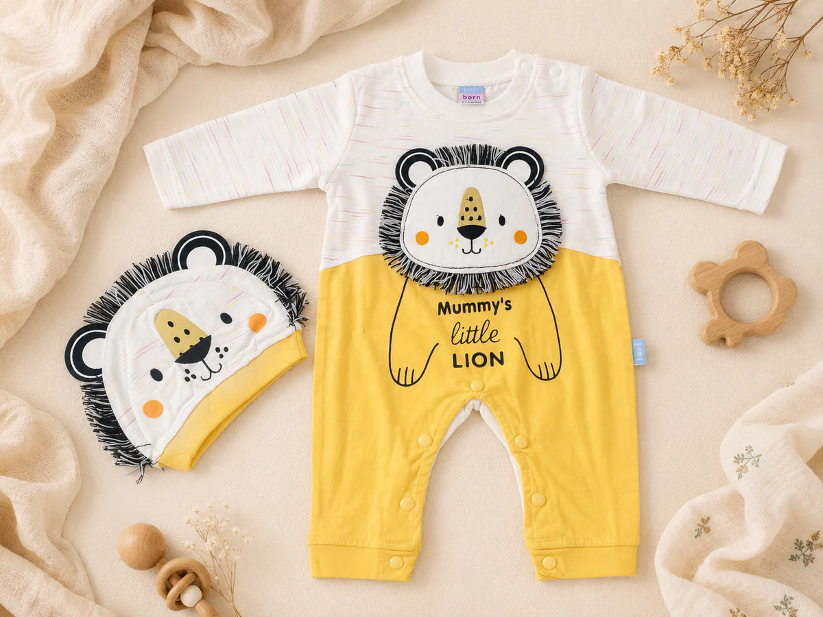 Baby Little Tiger Romper with Cap – Yellow & White
