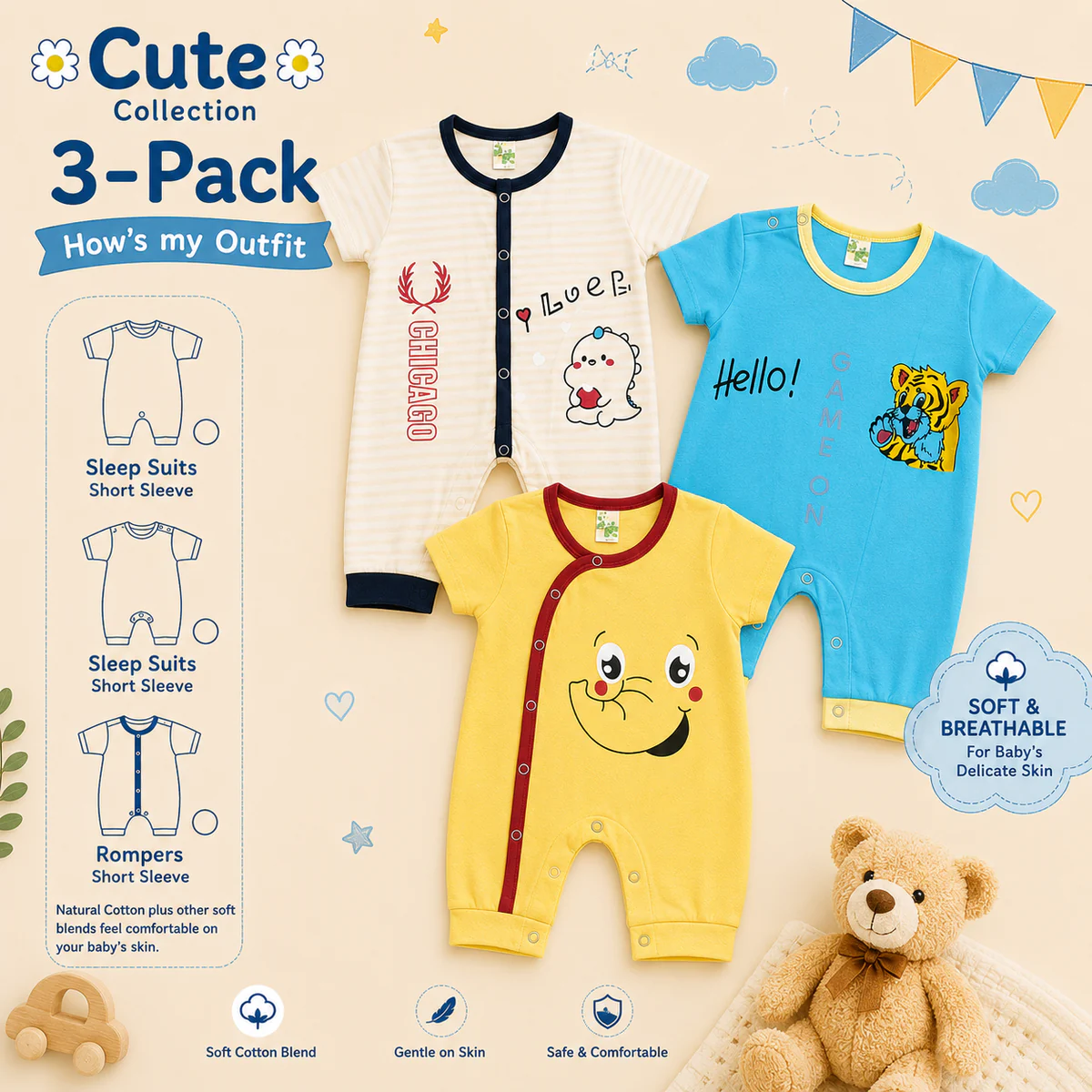 Newborn Printed Rompers Pack of 3 – Multicolor