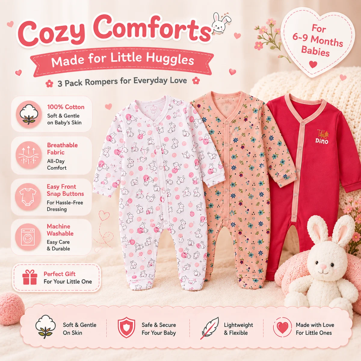 Newborn Rompers Pack of 3 – Multicolor