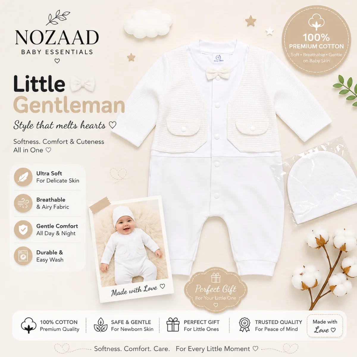 Little Prince White Formal Baby Romper with Bow Tie
