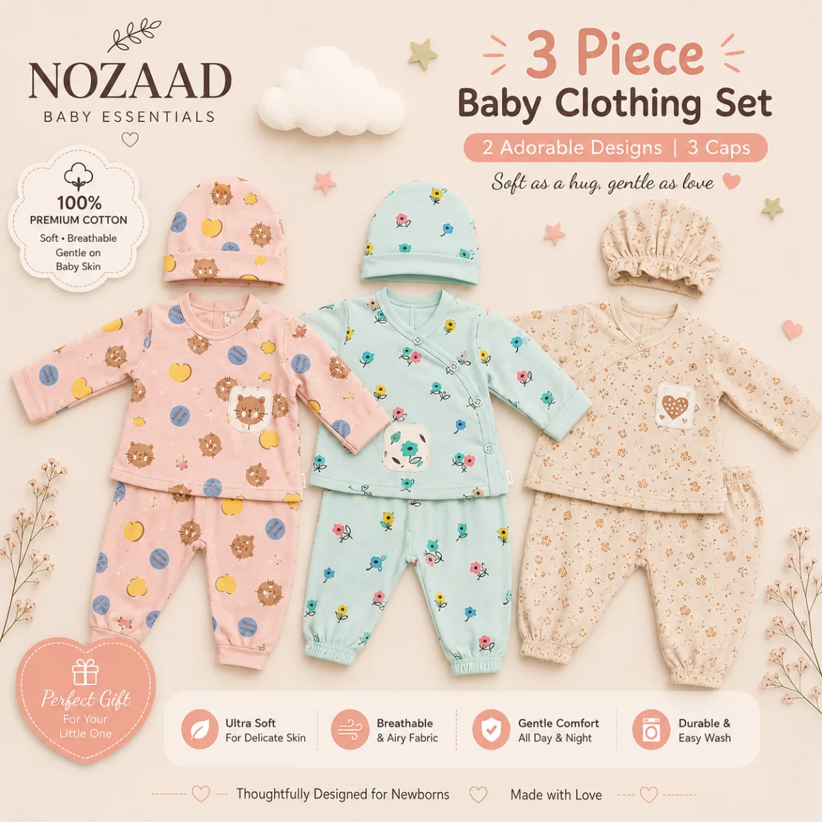 Newborn Baby 3-Piece Essential Set โ Floral & Animal Prints