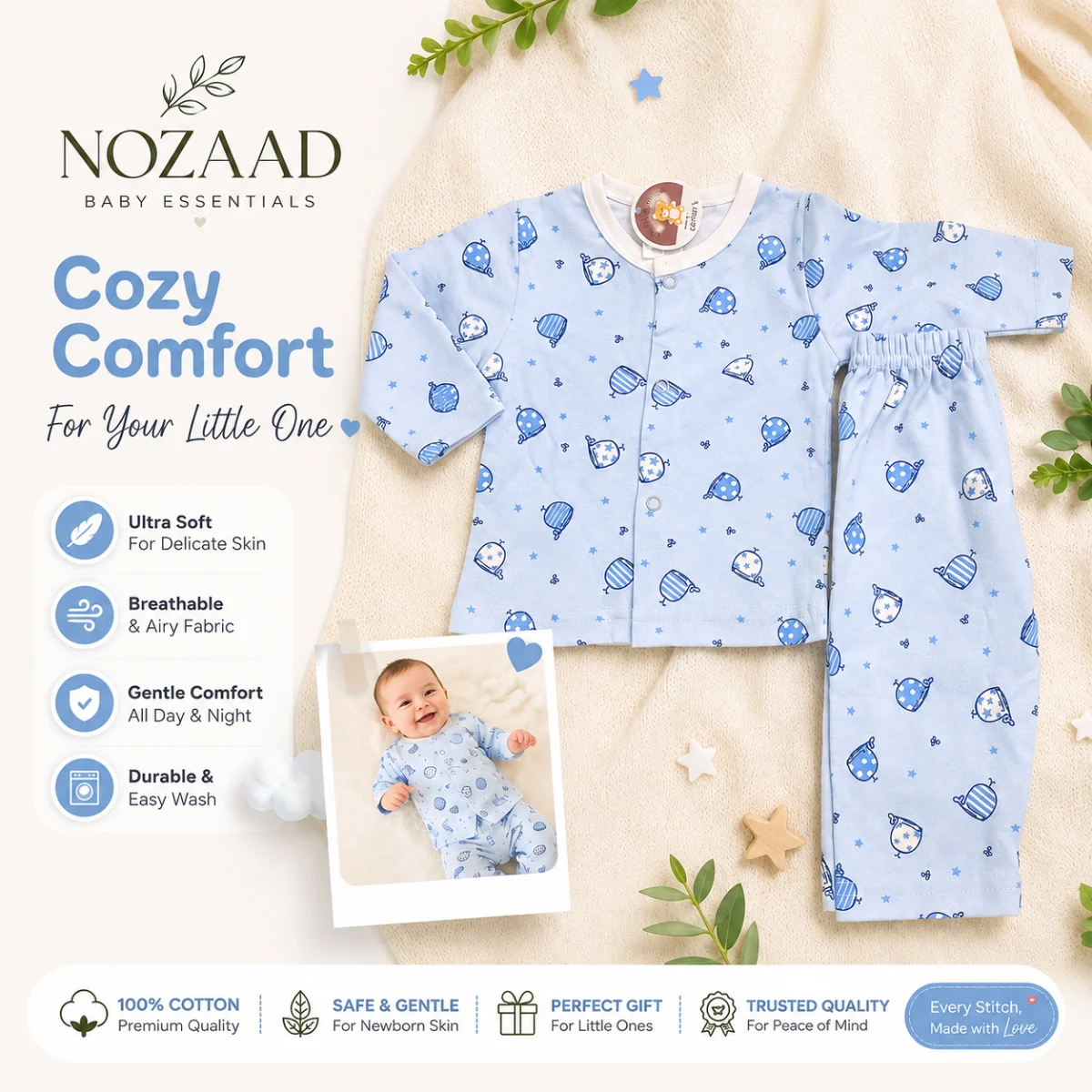 Baby Soft Cotton Newborn Two-Piece Set – Blue