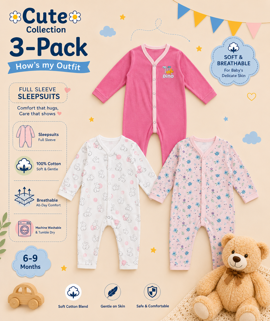 Newborn Rompers Pack of 3 – Multicolor