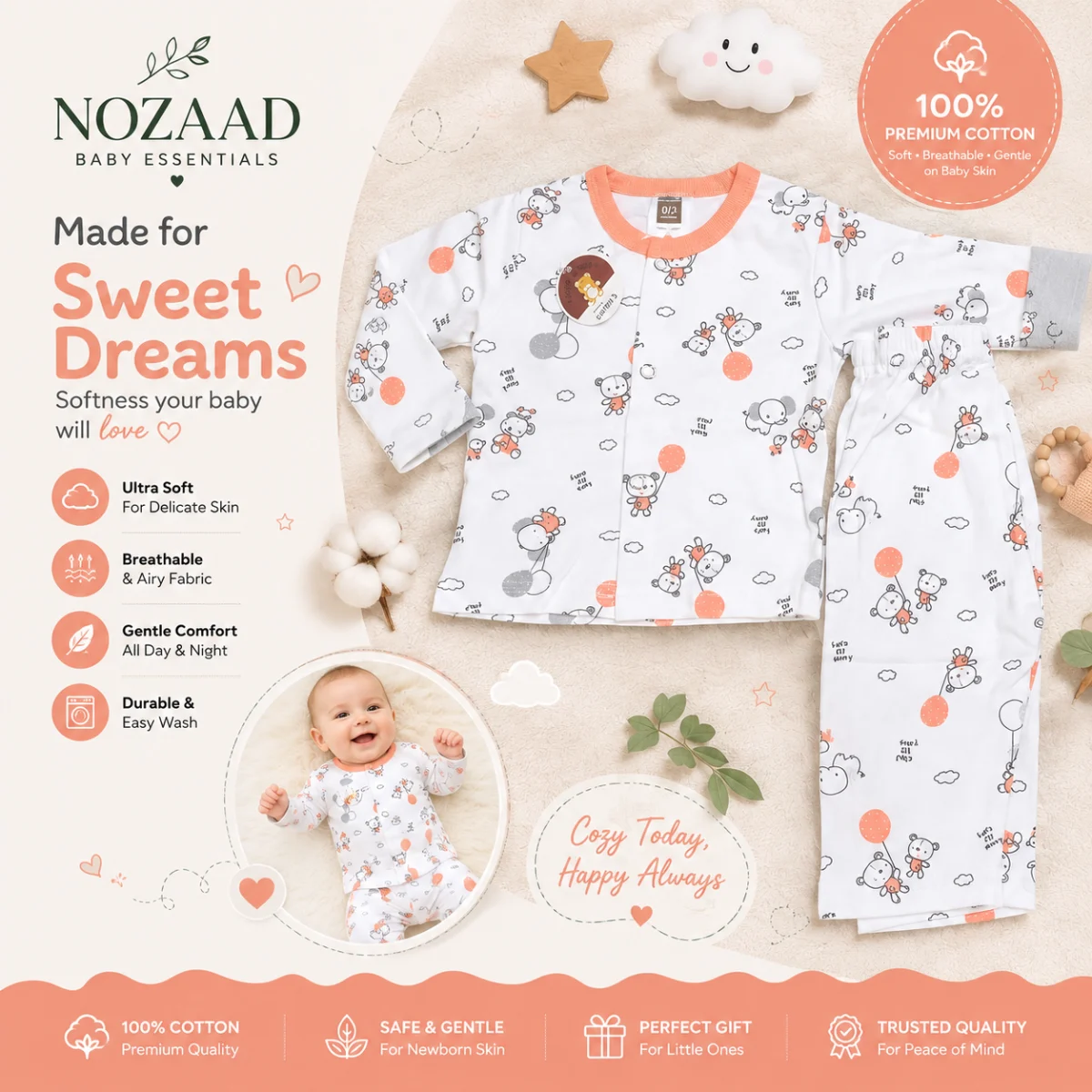 Baby Cute Animal Printed Newborn Two-Piece Set – White & Peach