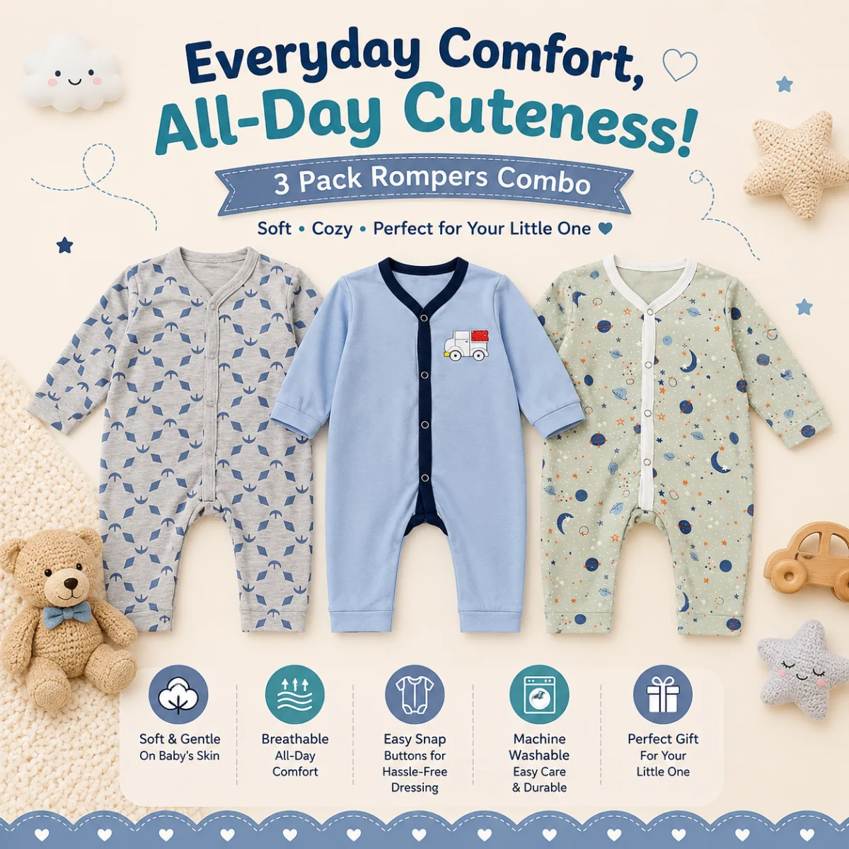 Newborn Rompers Pack of 3 – Multicolor