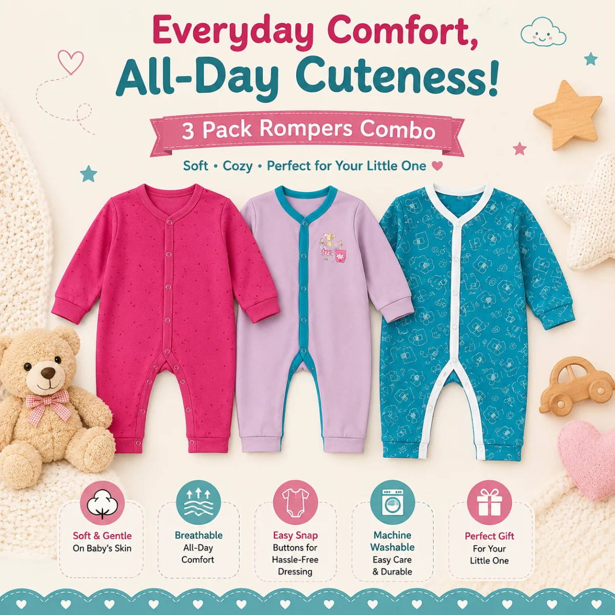 Newborn Rompers Pack of 3 – Multicolor