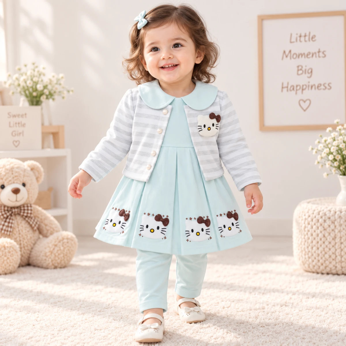 Baby Girl Kitty Collar Dress Set (3 Piece)