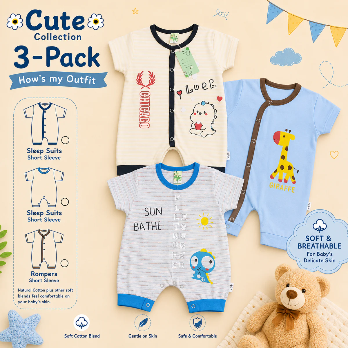 Newborn Printed Rompers Pack of 3 – Multicolor