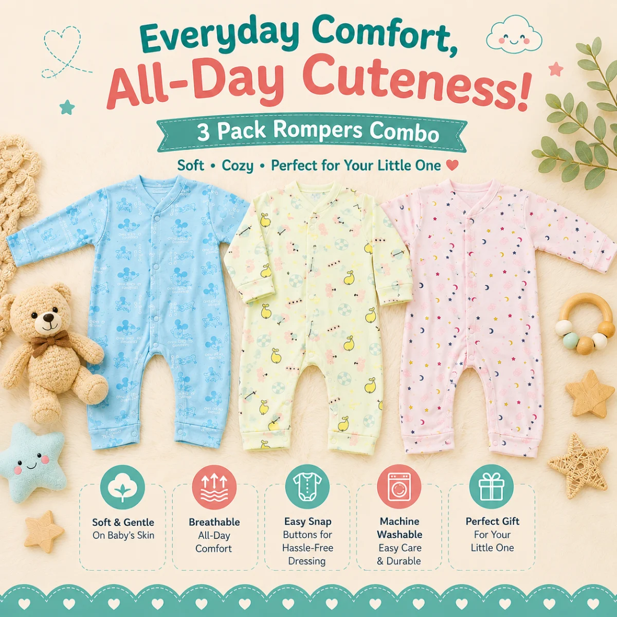 Newborn Rompers Pack of 3 – Multicolor