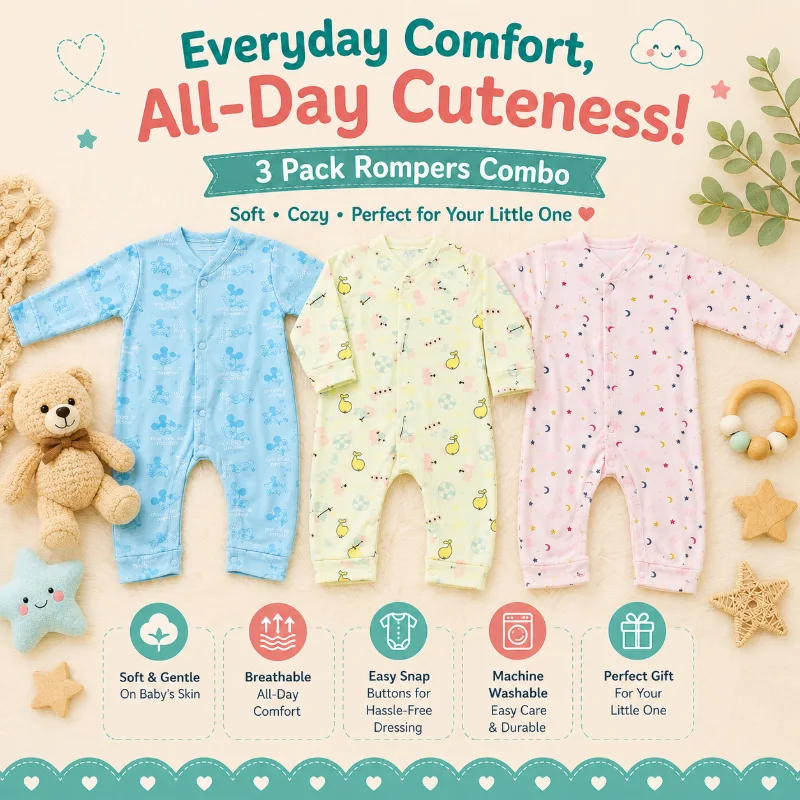 Newborn Rompers Pack of 3 – Multicolor