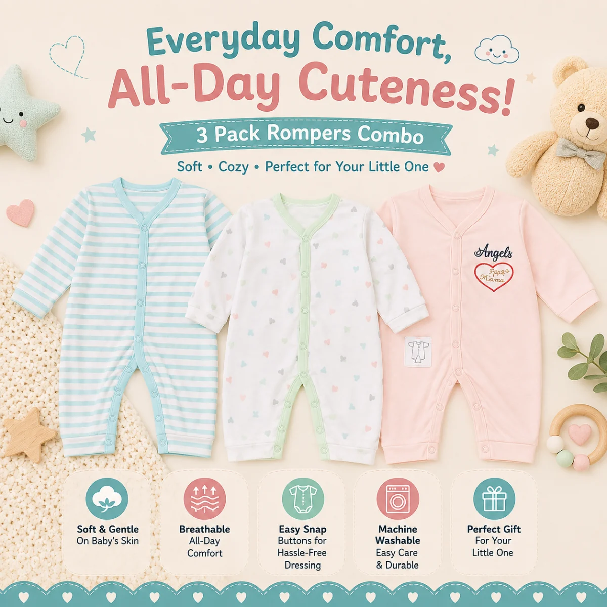 Newborn Rompers Pack of 3 – Multicolor