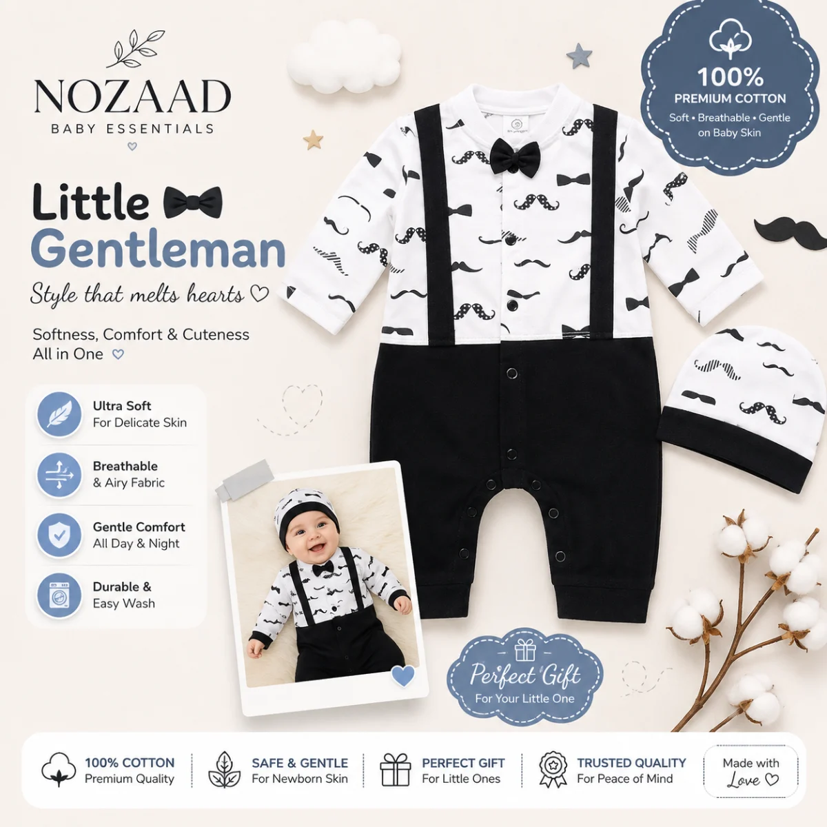Little Gentleman Mustache Tuxedo Baby Romper With Cap